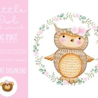 Woodland Owl PNG, Watercolor Owl Clipart, Printable Owl, Owl with Wreath Sublimation Design, Woodlan