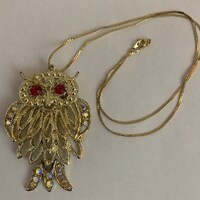 Vintage Wise Owl Pendant Long Necklace Jewelry Gold Tone Rhinestone 22"chain