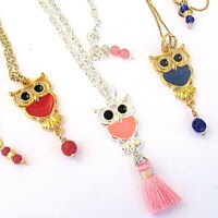 Cute Owl Necklace in Blue Pink or Red with Colorful Enamel Charm Pendant, Custom Length Gold or Silv