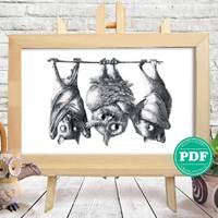 Two Bats and an Owl Cross Stitch Pattern, Cute Animal Embroidery, Black & White Birds, Monochrom