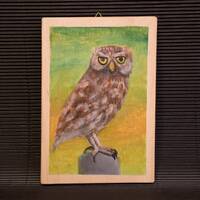Acrylic Painting Original on Wood - Owl - Wood 10 cm x 15 cm