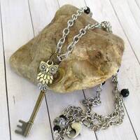 Silver Owl Bronze Key Necklace with "Black Diamond" Crystals and Onyx Gemstone Beads, Tote