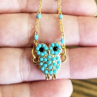Turquoise Bead Owl Necklace, Owl Pendant Necklace, Owl Necklace, Owl Charm, Gift for Her, Owls, Gold