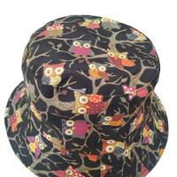 Owls Bucket Hat: Reversible Black Cotton Festival Hat
