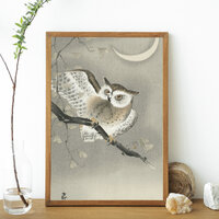 Japandi Owl Moon Art Print: Vintage Celestial Bird Illustration (Digital Download)