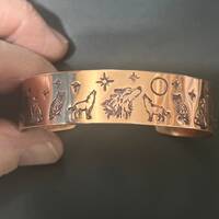 WOLF'S Howling With Owls and Fox on Sides Hand Crafted Solid Copper Bracelet -Mountains-Stars &a
