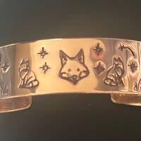 FOX Head and Fox-Owls-Wolfs on Sides Hand Crafted Solid Copper Bracelet -Stars & Shooting Stars 