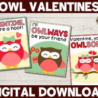 Owl Valentines for Kids, Printable Owl Valentine Cards, Valentines for School, Retro Owl, Classroom 