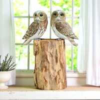 TWO LITTLE OWLS on Tree Stump | Fairtrade Hand Carved Sculpture Figurines 25cm High | Pair of Little