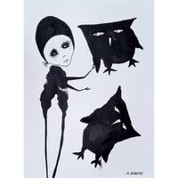 Black owls Original drawing Original art Print of original Original painting Weird owl Outsider art 