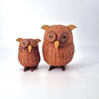 Shanghai Handicrafts Owls, Vintage Wicker Owl Baskets, Set of 2, Owl Figurines, Owl Mom Gift