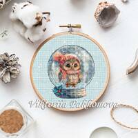 Snow globe owl cross stitch pattern pdf Cute funny winter bird pictorial glass ball embroidery Chris