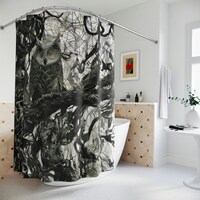 Owl Shower Curtain - AI Art Design Print, Animal Wildlife Art, Modern Bathroom Decor, Black & Wh