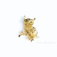 Gold Toned Owl Pin with Faux Green Emeralds by Monet Company