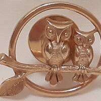 Vintage Gold Toned Owl Brooch, Two Owls on a Branch Brooch