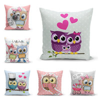 Cute Family Owl Pillow Cover, Cartoon Animal Cushion, Whimsical Love Decor, Adorable Bird Art Throw 
