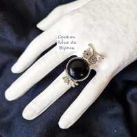 Bague Chouette hibou onyx noir naturel - Bague animaux réalistes avec monture fantaisie en m&