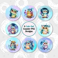 Owl Car Coaster PNG, Cute Owl Sublimation Coaster, Celestial Coaster Bundle, Owl Lover Coaster Desig