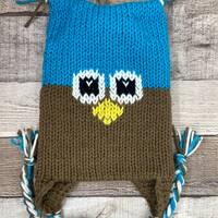 Kids animal hats, kids knitted hat, knitted owl beanie hat with ear flaps and braids