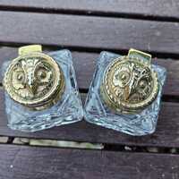 Stunning Vintage Pair of Brass and Crystal Glass Wise Owl Ink Bottles / Inkwells / Fountain Pen