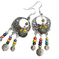 Whimsical Dangling Silver Owl Dangle Beads Earrings with Hand Painted Accents Crystal Rhinestones Cu