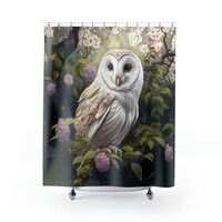 Garden owl shower curtain | mystical, flowers, foliage, leaves | wise, protective, calming, beautifu