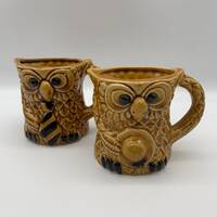 Charming Set of 2 Mr. and Mrs., Him and Her Owl Mugs for Coffee, Tea, 3 1/2” Tall, Ceramic Gla