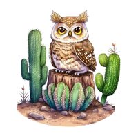 Desert Owl with Saguaro Cactus PNG Clipart, Cute Boho Illustration, Wildlife Digital Clip Art for T-