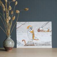 Vintage Owl Gouache Painting: Snowy Countryside Art (Unframed)