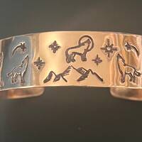 WOLF'S Howling With Owls and Fox on Sides Hand Crafted Solid Copper Bracelet -Mountains-Stars &a