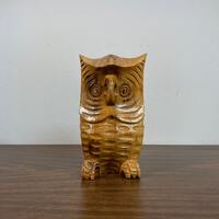 Owl 6.25" Carved Wood Figurine - Midcentury Kitsch Made in Philippines Handmade Dark Wooden Iro