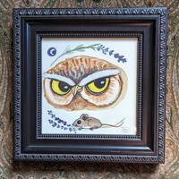 In the Lavender, Owl Art, Original Framed Watercolor Painting (5x5) Owl Portrait, Mouse Illustration