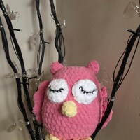 Cute pink owl crocheted soft toy plushie made with super soft polyester baby yarn Nursery Baby showe