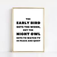 Early Bird Night Owl wall art printable, TV fan humor, Living room wall decor, Black and white word 