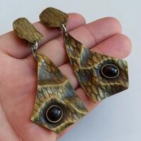 Obsidian Owl Eyes Brass Earrings, Obsidian Earrings, Vintage Brass Earrings, Retro Eyes Earrings, Ol