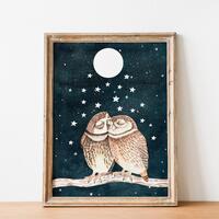 Owl paintings, Celestial wall art, Owl nursery prints, Woodland animal poster, Pair of birds, Forest