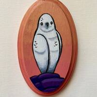 Snowy Owl Art - Small Original Wall Art Acrylic Painting on Wood by Karen Watkins