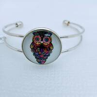 Colorful  glass  cabochon owl cuff bracelet