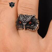 Owl Silver Ring, Men's Handmade Silver Ring, Micro Onyx and Garnet Stone Ring, 925 Sterling Silv