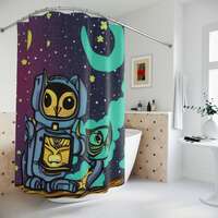 Cosmic Owl and Kitten Shower Curtain - AI Art Design Print, Outer Space Art, Modern Bathroom Decor, 