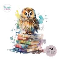 Pretty Owl Watercolor Clipart, Owl With Vintage Books Sublimation Design, Whimsical Clipart, Commerc