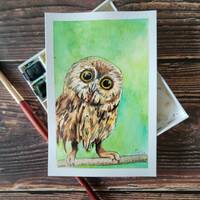 4x6 Illustration of Tiny Owl | Original Art | Art Prints