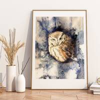 Screech Owl Print - from Original Watercolor Pour Watercolor Pencil Painting "Who Do You Think 
