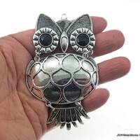 Large Pewter Owl Pendant with Black Rhinestone Eyes, 95x54mm Antiqued Silver Bird Owl Focal Pendant
