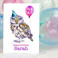 Personalised little owl birthday card for him her, 5x7, greeting card, any name and age, greeting ca
