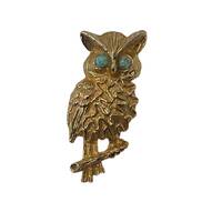 60s De Nicola Gold Owl Brooch Blue Czech Eyes