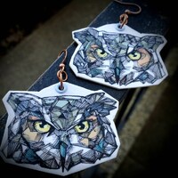 Graphic fractal Great Horned Owl Die Cut - hand-painted charm earrings - animal jewelry