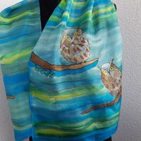 Owl Hand Painted Silk Scarf. Painted Owls Silk Scarf for Ladies. Foulard 14 x 51 in Scarf. Painted O