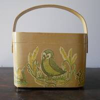 Vintage Basket Purse Decoupage Owl Wooden Purse Swing Handle Mid-century Whimsical Fairy Tale, Mushr