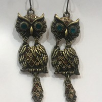 Owl Dangle Teal Rhinestone Eyes Earrings